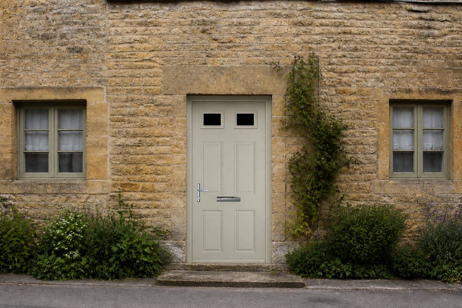 A cream composite front door in the stone opening of a cottage.